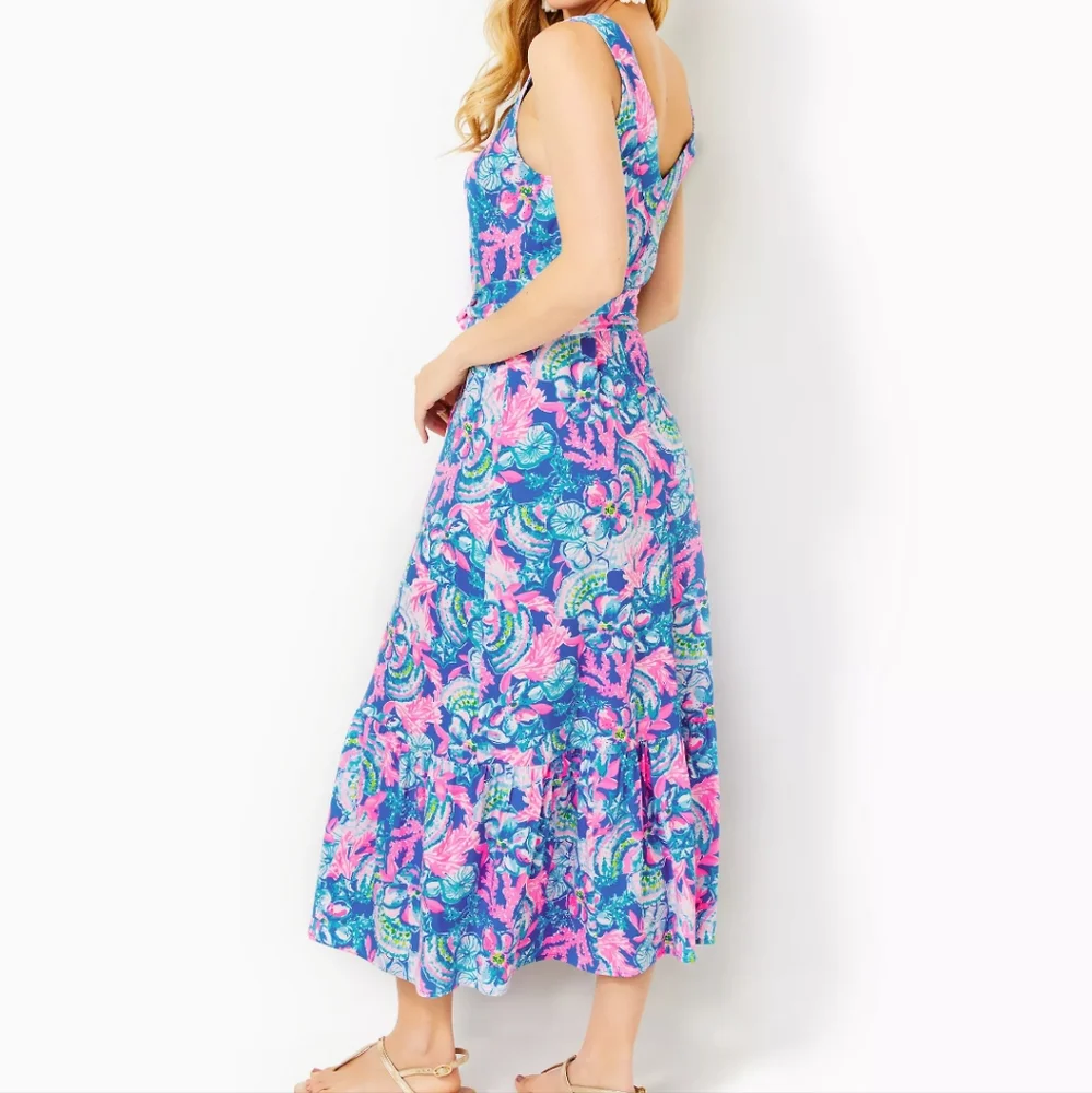 NWT Lilly Pulitzer Madsen V-neck Midi Dress blue Tang Sitting Seaside Medium - Picture 3 of 5